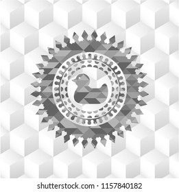rubber duck icon inside retro style grey emblem with geometric cube white background