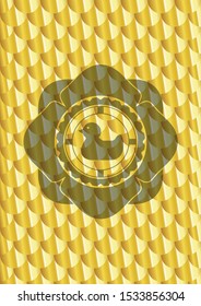 rubber duck icon inside shiny golden badge. Scales pattern. Vector Illustration. Detailed.