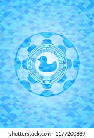 rubber duck icon inside sky blue emblem with triangle mosaic background