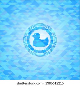 rubber duck icon inside sky blue emblem with mosaic ecological style background