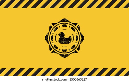 rubber duck icon inside warning sign, black grunge emblem. Vector Illustration. Detailed.