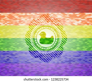 rubber duck icon on mosaic background with the colors of the LGBT flag