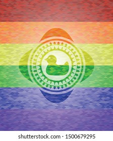 rubber duck icon on mosaic background with the colors of the LGBT flag