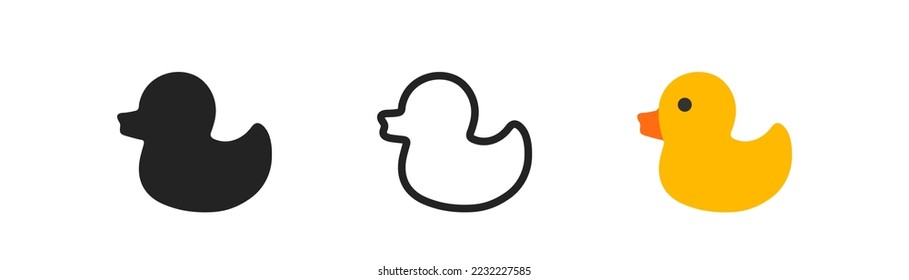 Rubber duck icon on white background. Yellow duckling. Children's bath toy sign. Symbol of bird, farm animal. Colored flat design. Vector illustration.
