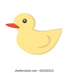 Rubber duck icon vector illustration. Cartoon yellow duck and cute animal duckling toy. Childhood game bathroom cartoon duck toy.