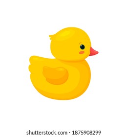 Rubber duck isolated in white background. Side view of yellow plastic duck toy. Vector illustration in cartoon style