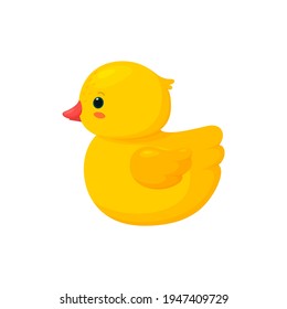 Rubber duck isolated in white background. Side view of yellow plastic duckling toy. Vector illustration in cartoon style