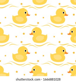 Rubber duck and little stars seamless on white background vector illustration. Cute baby print pattern.