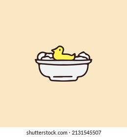 Rubber duck on bathtub, illustration for t-shirt, sticker, or apparel merchandise. With doodle, retro, and cartoon style.