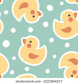 Rubber duck pastel mint green kids bathroom towel design with bubbles, children fabric and textile seamless pattern print. Baby boy and girl kawaii animals background.