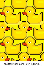 Rubber duck pixel art pattern seamless. 8 bit toy background. pixelated texture