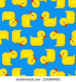 Rubber duck pixel art pattern seamless. 8 bit toy background. pixelated texture