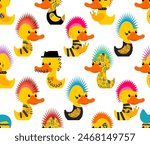 Rubber duck punk pattern seamless. Toy yellow duck punks background. Mohawk and tattoo. Anarchy and piercing texture