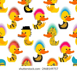 Rubber duck punk pattern seamless. Toy yellow duck punks background. Mohawk and tattoo. Anarchy and piercing texture