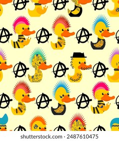 Rubber duck punk pattern seamless. Toy yellow duck punks background. Mohawk and tattoo. Anarchy and piercing texture