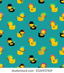 Rubber duck punk pattern seamless. Duck toy punker background. yellow punky texture