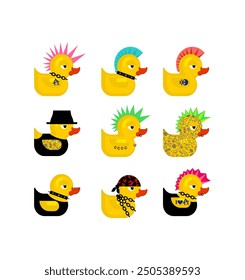 Rubber duck punk set. Duck toy punker. yellow punky