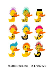 Rubber duck punk set. Toy yellow duck punk. Mohawk and tattoo. Anarchy and piercing