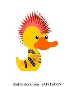 Rubber duck punk. Toy yellow duck punk. Mohawk and tattoo. Anarchy and piercing