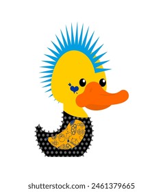 Rubber duck punk. Toy yellow duck punk. Mohawk and tattoo. Anarchy and piercing