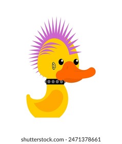 Rubber duck punk. Toy yellow duck punk. Mohawk and tattoo. Anarchy and piercing