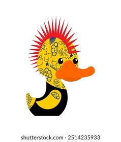 Rubber duck punk. Toy yellow duck punk. Mohawk and tattoo. Anarchy and piercing