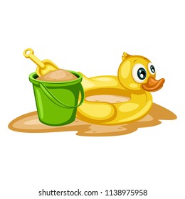 Rubber Duck Ring, Sand Bucket and Shovel  Isolated on a White Background. Cartoon Vector Illustration