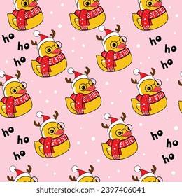 Rubber duck in a santa claus costume seamless pattern on a pink background. Vector illustration. Christmas card