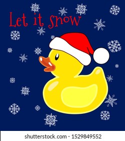 Rubber duck in Santa hat snowflakes and calligraphy design elements funny vector graphics festive card design