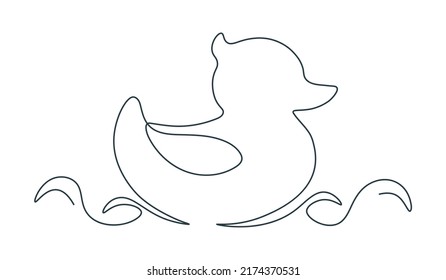 Rubber duck in single continuous line. Children's rubber duck in one line. Minimalist outline. Bath toy. Duck floats on water. Hand drawn vector illustration.