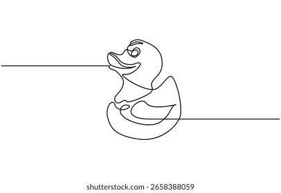 Pato de borracha em linha contínua única, desenho Pato de banho mão desenhado ícone de doodle, Símbolo de departamento infantil na loja