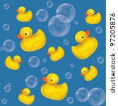 Rubber duck an soap bubble on blue, mesh vector illustration seamless pattern background