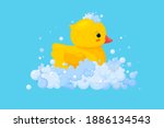 Rubber duck in soap foam with bubbles isolated in blue background. Side view of yellow plastic duckling toy in suds. Vector illustration in cartoon style