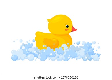 Pato de goma con espuma de jabón con burbujas aisladas en fondo blanco. Vista lateral del juguete amarillo plástico de pato en las suds. Ilustración vectorial en estilo de caricatura