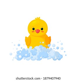 Pato de goma con espuma de jabón con burbujas aisladas en fondo blanco. Vista frontal del juguete de pato plástico amarillo en los suds. Ilustración vectorial en estilo de caricatura