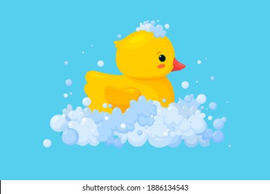 Rubber duck in soap foam with bubbles isolated in blue background. Side view of yellow plastic duckling toy in suds. Vector illustration in cartoon style