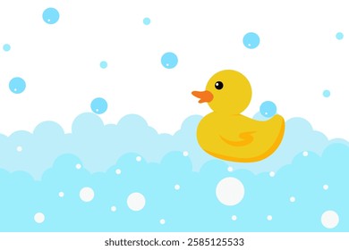 Rubber duck in soap foam with bubbles isolated in white background.