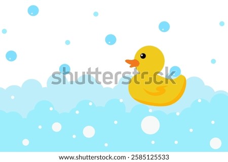 Rubber duck in soap foam with bubbles isolated in white background.