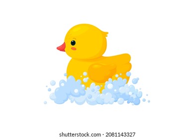 Rubber duck in soap foam isolated in white background. Side view of yellow plastic duckling toy in suds. Vector illustration in cartoon style