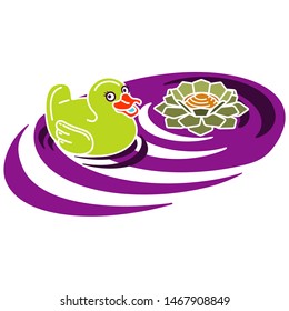 Rubber duck swimming in a pond with a lotus flower on rippled water
