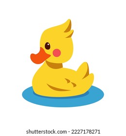 Juguete de pato de caucho para la ilustración vectorial de bebés. Dibujo de caricatura del pato de juguete amarillo aislado en fondo blanco. Atención al bebé, concepto de higiene