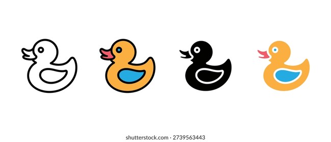 Rubber duck toy icon vector. Yellow bathtub ducky symbol for baby shower, childhood play, bath time fun, and preschool education set. Vector Illustration.