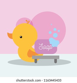 rubber duck toy and soap bubbles bathroom