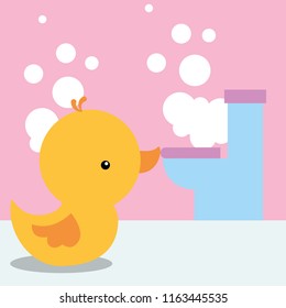 rubber duck toy and toilet bubbles bathroom