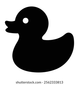 Rubber duck toy vector icon. Bath toy symbol for children, playtime, and baby products. Black silhouette isolated on white background.