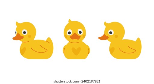 Rubber duck toy. View from different sides. Vector illustration isolated on white