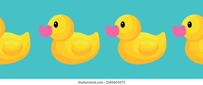 Rubber duck toys. Seamless border with yellow rubber ducks. Flat cartoon style vector illustration.