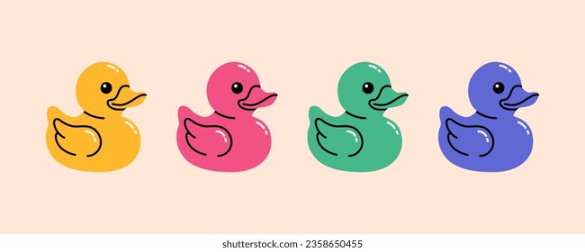 Rubber duck toys set in different colours. Flat cartoon style vector illustration.