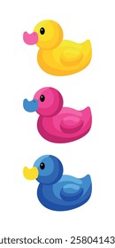 Rubber duck toys set in different colours. Flat cartoon style vector illustration.