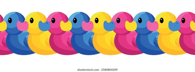 Rubber duck toys set in different colours. Seamless border. Flat cartoon style vector illustration